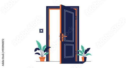 Dark blue front door is shown slightly open revealing a bright light inside with green potted plants on either side in a welcoming home illustration.