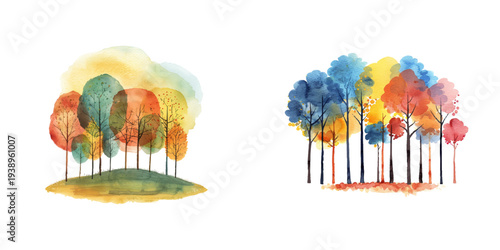 abstract color silhouette of autumn forest watercolor vector illustration