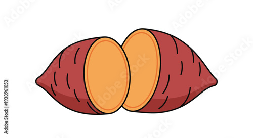Sweet potato cut into two halves showing the bright orange interior flesh in a clean and simple food illustration for culinary use.