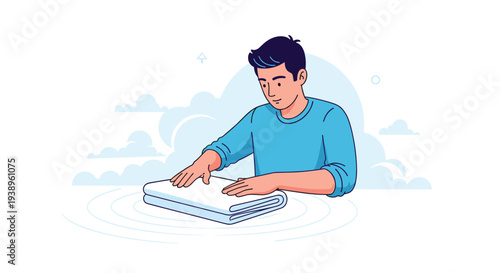 Young man carefully folding a fresh white towel on a table representing domestic chores, laundry day, and home organization routines.