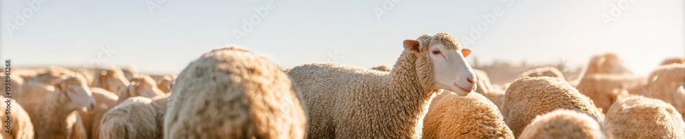 Obraz premium Free range merino sheep herd grazing on a rural farm in an open field for sustainable textile industry marketing and agriculture advertising banner