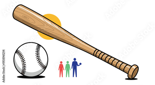 Wooden baseball bat and a white ball with red stitching shown next to a family icon representing sports, recreation, and family bonding.