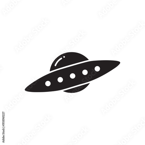 Simple black silhouette of a flying saucer spaceship with a planet in the background  a common representation of extraterrestrial life and science fiction concepts