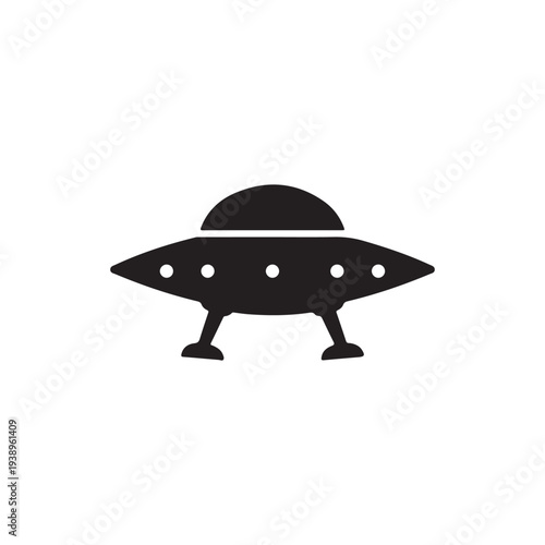 Simple black silhouette of a flying saucer with three legs and four round windows under a dome shaped top  a classic UFO design element