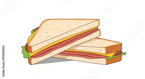 Delicious club sandwich with layers of ham, cheese, lettuce, and tomatoes cut into triangles for food, dining, and snack themes.