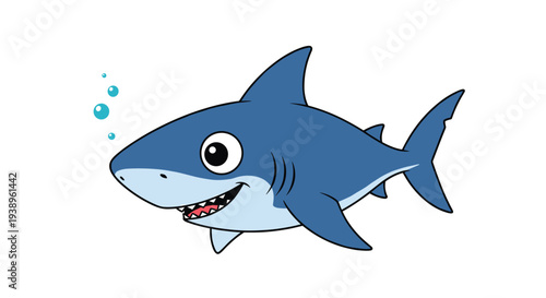 Friendly blue shark with a big smile and bubbles swimming in the water shown in a cute cartoon style for children and ocean themes.