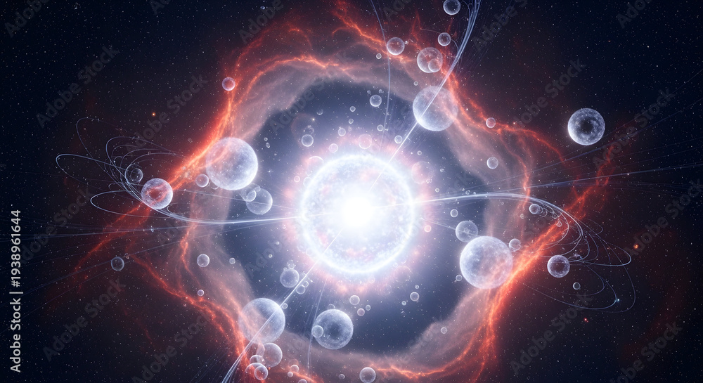 Obraz premium Abstract cosmic nebula with glowing star and orbiting celestial bodies creating a vibrant and ethereal celestial phenomenon in deep space