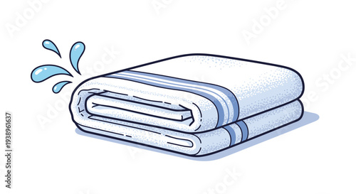 Stack of soft white towels with blue stripes and water droplets representing hygiene, bath time, and freshness in a textured style.