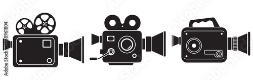 Simple black silhouette of a vintage film camera on a white background.