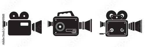 Three black camera icons including a film camera and two still cameras on tripods isolated on white background silhouette.