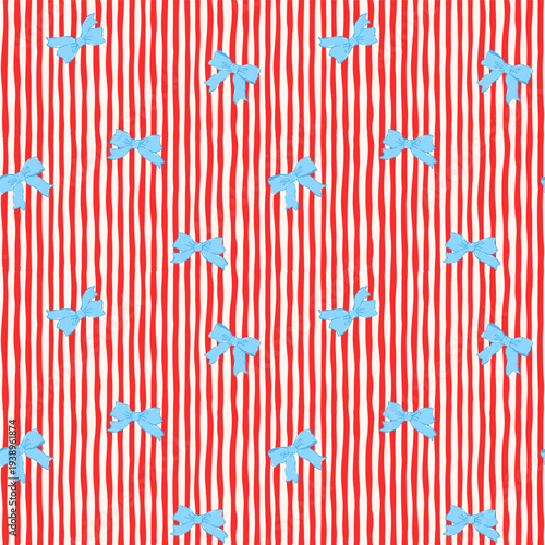 Coquette Blue Ribbon Bow on Red Stripes Seamless Pattern Whimsical Retro Vintage Hand Drawn Surface Design for Fabric and Wallpaper