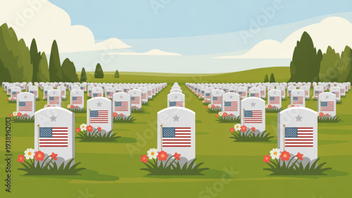 Rows of white headstones with american flags in a serene military cemetery surrounded by lush green grass and vibrant flowers under a cloudy sky