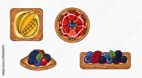 Assorted fruits and berries displayed on toast and in a bowl from a top-down view