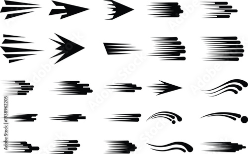 Speed motion lines arrows vector set, fast movement streak effects, dynamic velocity shapes, racing trail elements, abstract motion graphics, speed effect icons for design