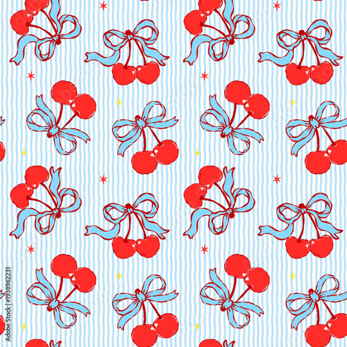 Coquette Blue Ribbon Bow and Red Cherries Seamless Pattern Whimsical Retro Vintage Stripes Hand Drawn