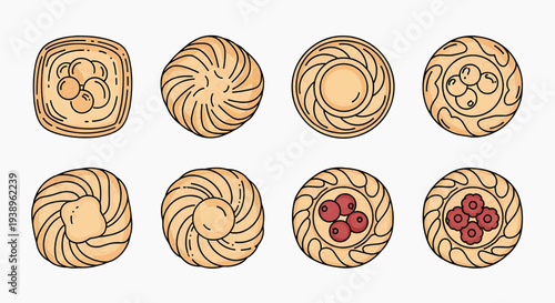 Assorted pastries with various toppings and fillings displayed in a grid layout