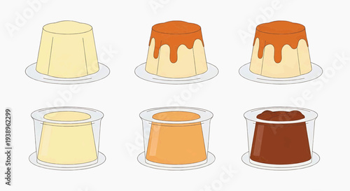 Collection of assorted puddings in small cups displayed on a clean surface from a top-down viewpoint