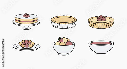 Assorted sweet pastries and desserts displayed on various serving dishes and bowls from a straightforward view