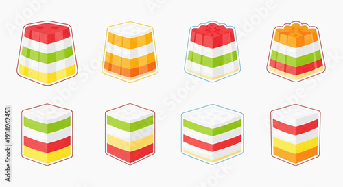 Layered desserts displayed in a grid pattern, showcasing colorful, stacked treats from a top-down viewpoint, img_1sfyuo_fx.svg reference