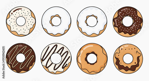 Assorted donuts with various toppings and fillings, vector illustration, isolated on transparent background, viewed from directly above.