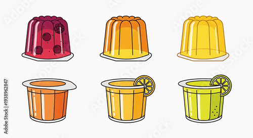 Colorful jelly desserts arranged in two rows on saucers, featuring various fruits and vibrant hues
