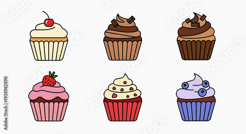 Illustration of assorted cupcakes with various toppings and decorations, showcasing diverse flavors and designs in a visually appealing arrangement