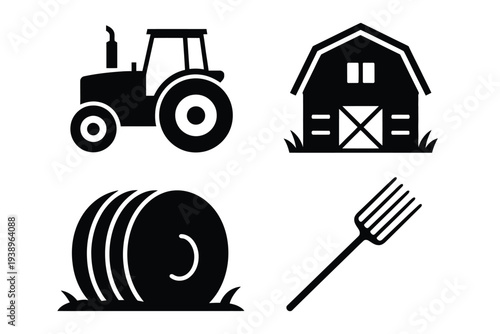 Black and white farm set with tractor hay bale and pitchfork