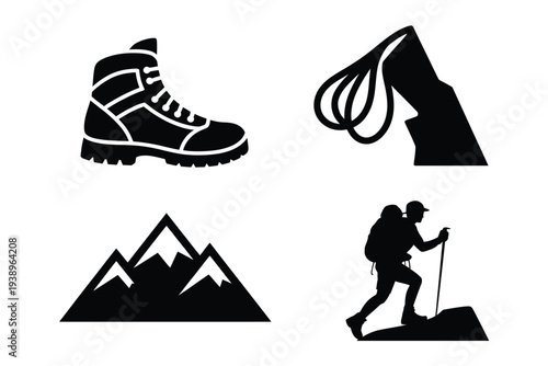 Black and white hiking and mountain set boot shoe backpack