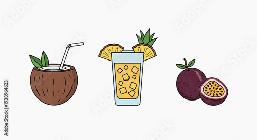 Tropical fruits and refreshing drinks on a table setting outdoors