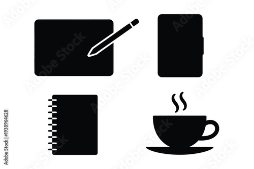 Black and white of notebook, pencil, memory card, and coffee cup