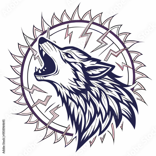 Illustration of a wolf howling with a circular sun-like design and lightning bolts