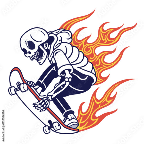 Skeleton skateboarding with flames, extreme sports concept, cool graphic illustration