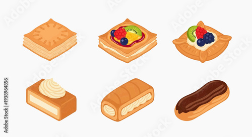 Assorted desserts on display including cakes and pastries with fruits