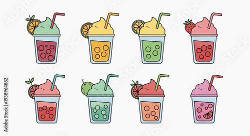 Colorful drinks with straws and fruits are arranged on a table indoors.