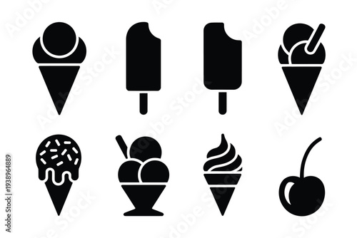Black and white of various ice cream types and a cherry