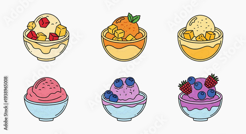 Six bowls of colorful desserts are arranged on a table indoors.