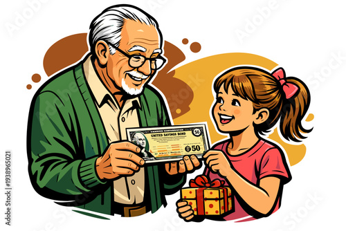 Grandfather gives a gift and a certificate to his granddaughter.