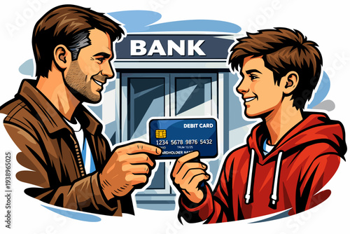 Father and son holding a debit card in front of a bank.