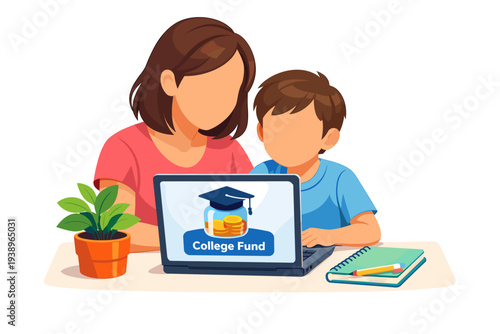 Mother and son planning college fund on laptop together.