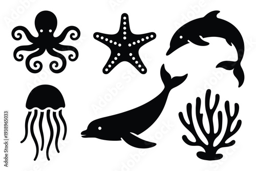 Black and white sea creatures and plants ocean marine life