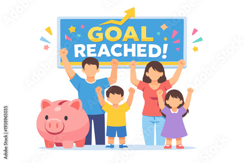 Happy Family Celebrating Reaching Financial Goal with Piggy Bank.