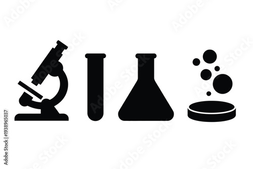 Black and white science laboratory set microscope test tube