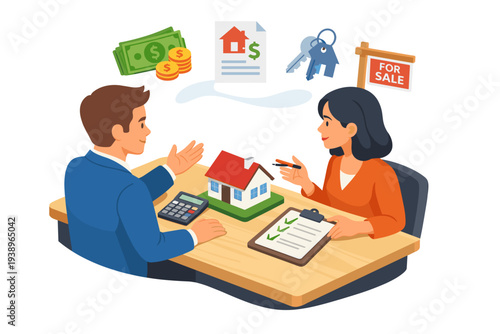 Real Estate Agent and Client Discussing Home Purchase Agreement.