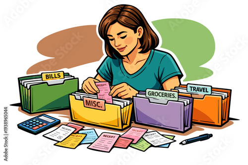 Woman organizing financial documents and bills for budgeting.