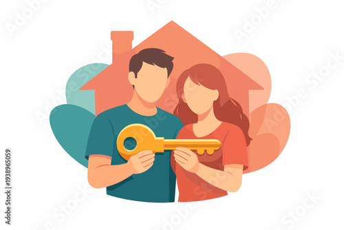 Young couple holding a golden key in front of a house illustration.