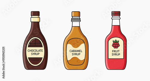 Three bottles of syrups, chocolate, caramel and fruit syrups on a table indoors