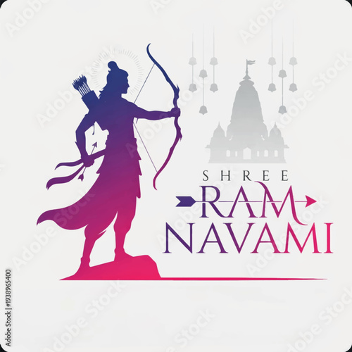 Shree Ram Navami typography design with Lord Rama warrior silhouette