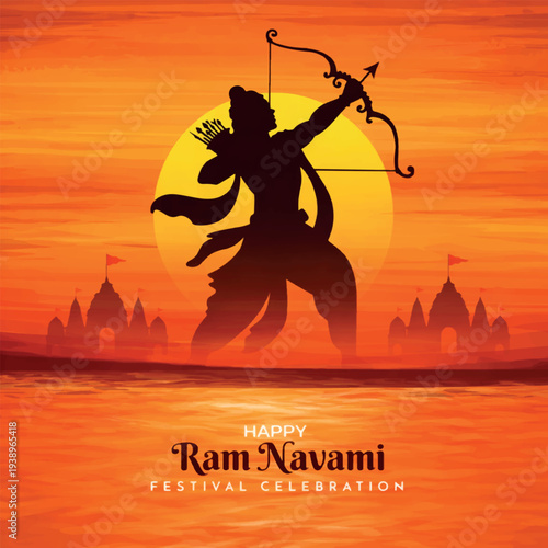Ram Navami festival background with Lord Rama silhouette at sunset landscape