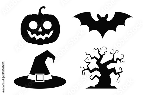 Black halloween jack o lantern witch hat bat tree white