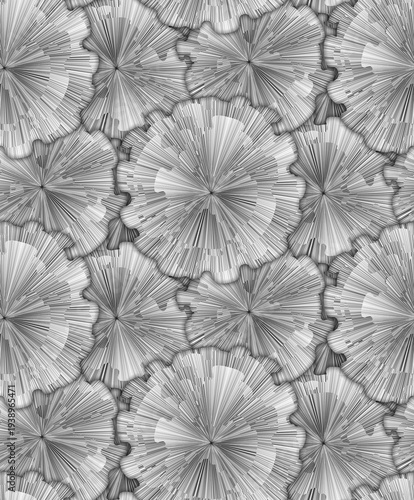 Seamless abstract background with monochrome floral patterns made of radial lines featuring a dense dynamic radial burst pattern